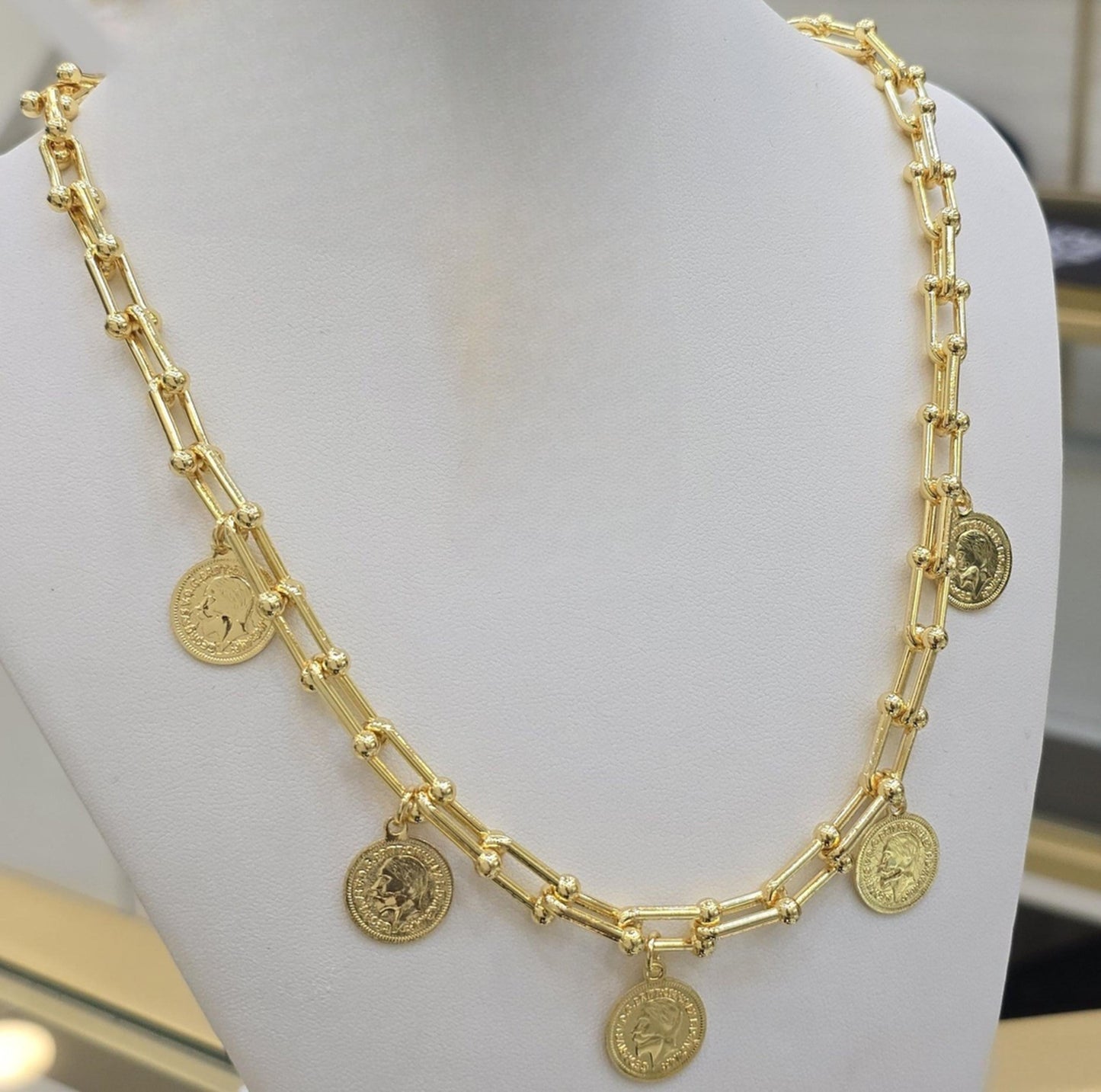 Gold Plated Coin Jewelry Set Chain Necklace Bracelet Earrings
