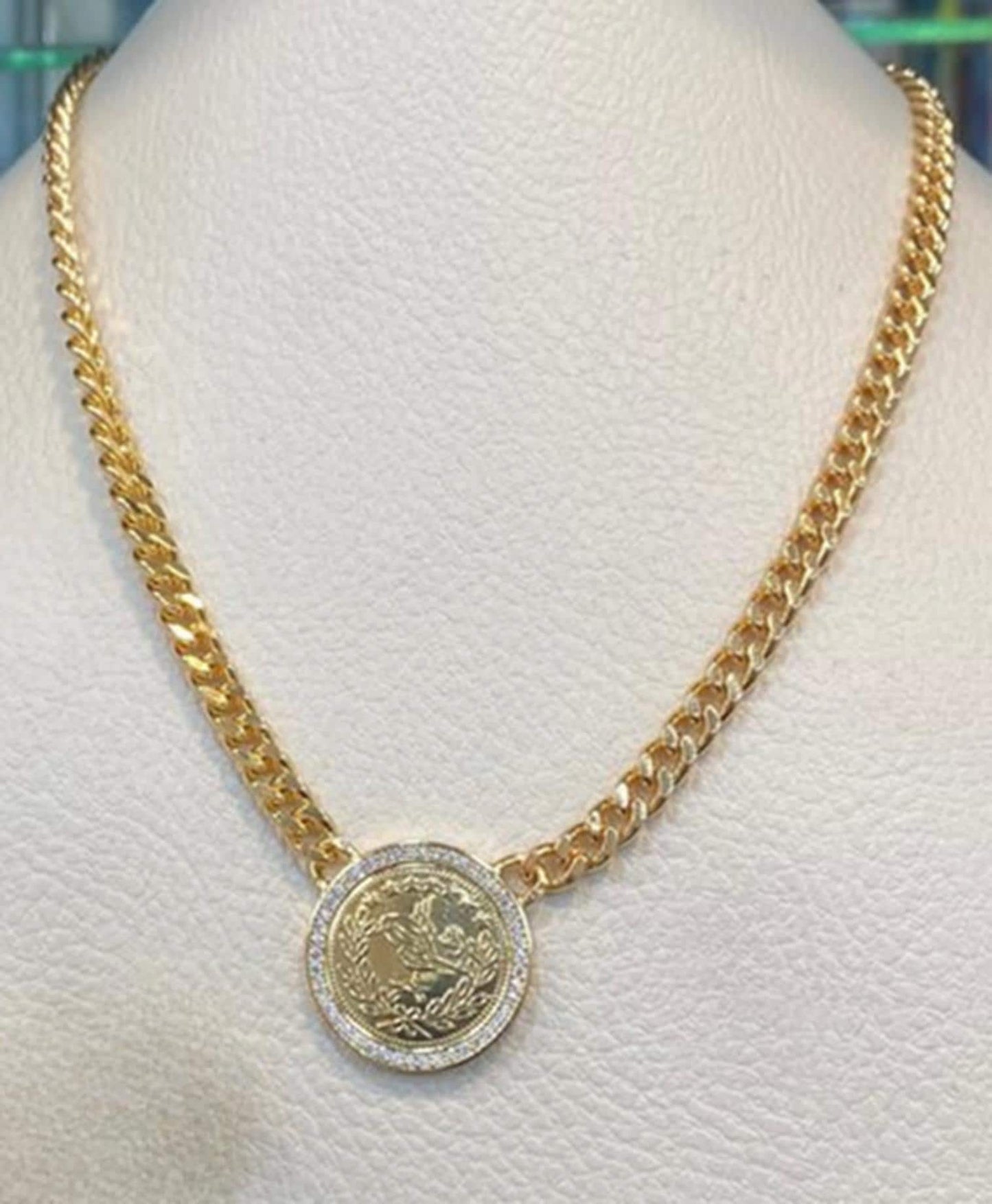 Gold Plated Coin Pendant Jewelry Set Cuban Chain Necklace Bracelet Earrings Ring