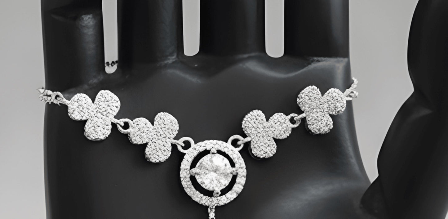 Elegant Silver Clover Hand Harness • Dainty Sparkling Crystal Slave Bracelet Ring