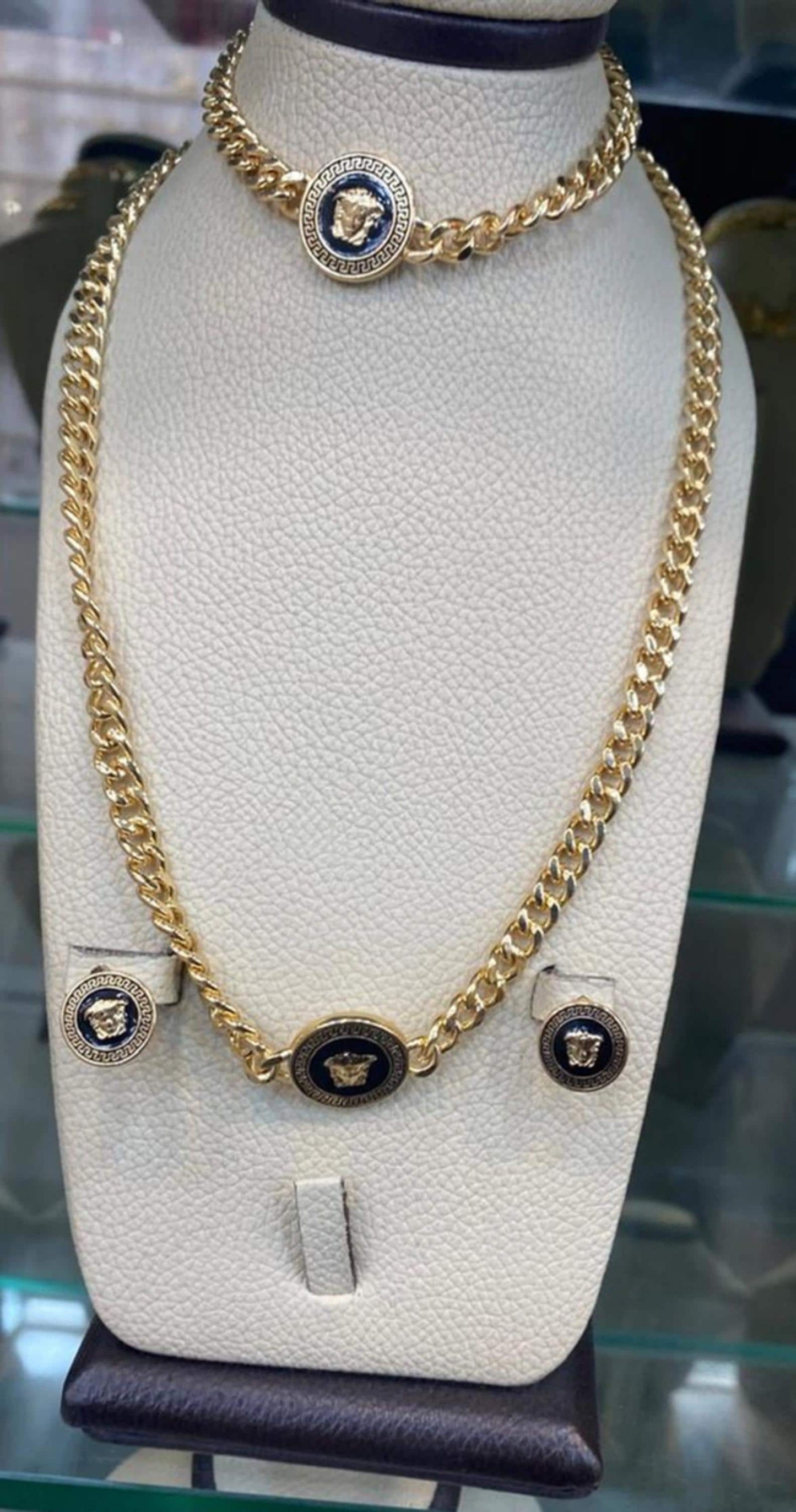 Gold Plated Cuban Chain Jewelry Set Greek Medallion Necklace Choker Earrings
