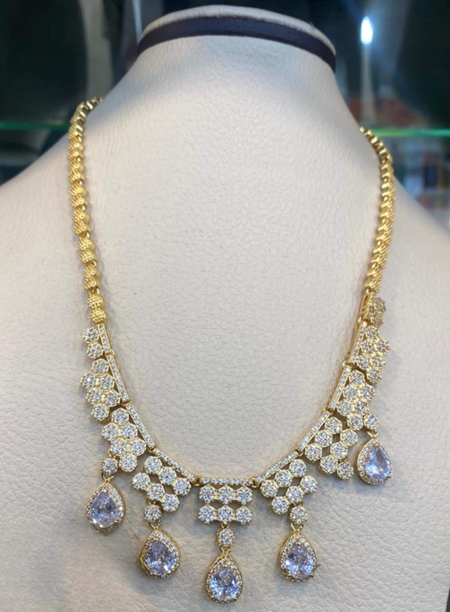 Gold Plated Bridal Jewelry Set Pear Drop Necklace Earrings Ring Luxury