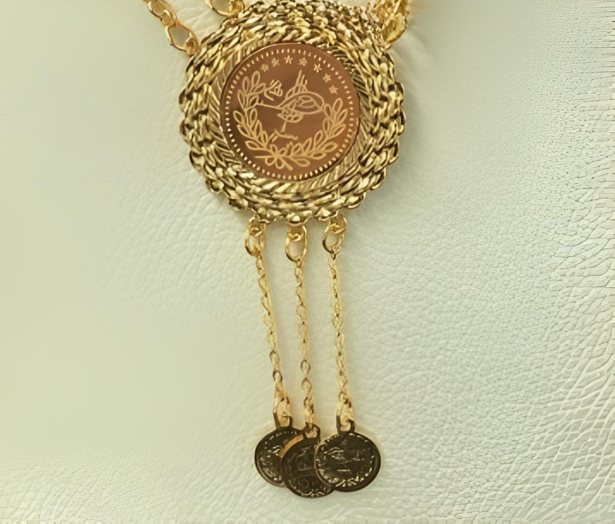 Gold-Plated Ottoman Medallion Necklace Set | Turkish Lira Coin Pendant Jewelry | Traditional Heritage Gift
