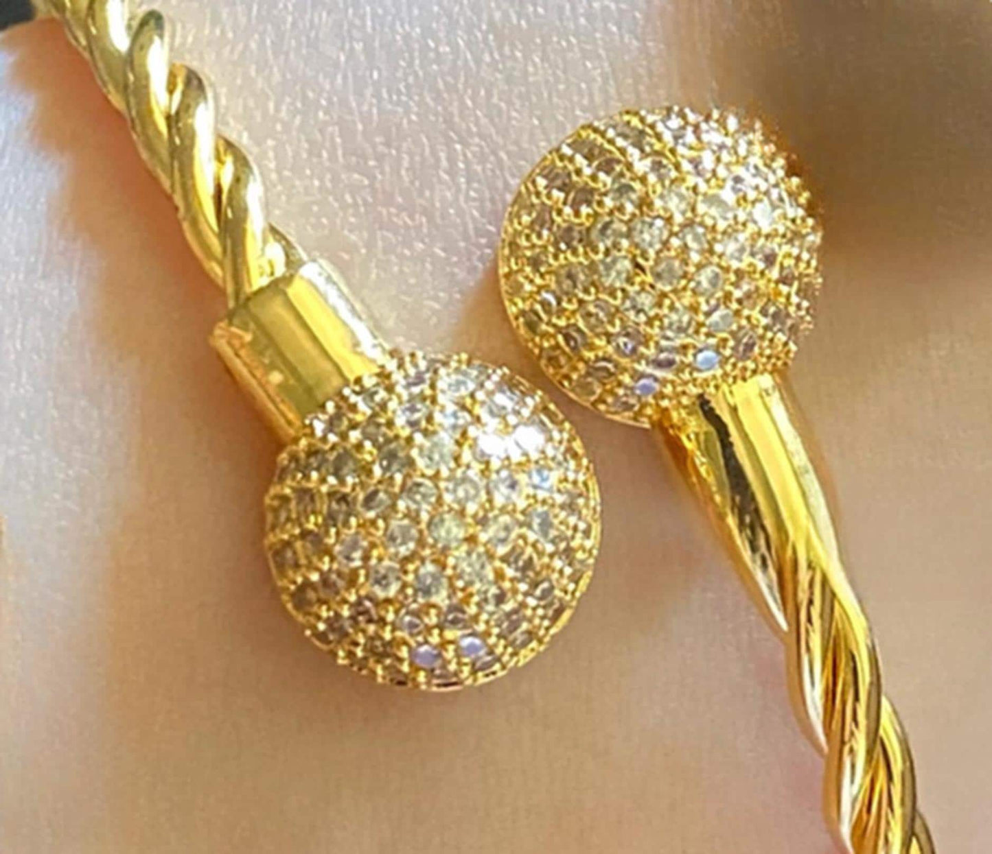 Gold-Plated Crystal Ball Cable Bracelet Set – 2-Piece Sparkling Twisted Bangles