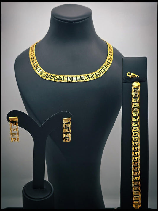 Gold Plated Greek Key Jewelry Set Necklace Bracelet Earrings
