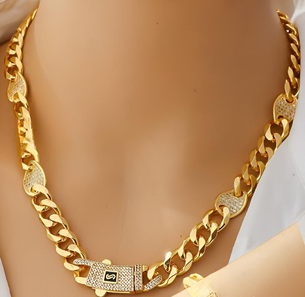Gold-Plated Cuban Jewelry Set – 21K Style Necklace, Bracelet & Earrings