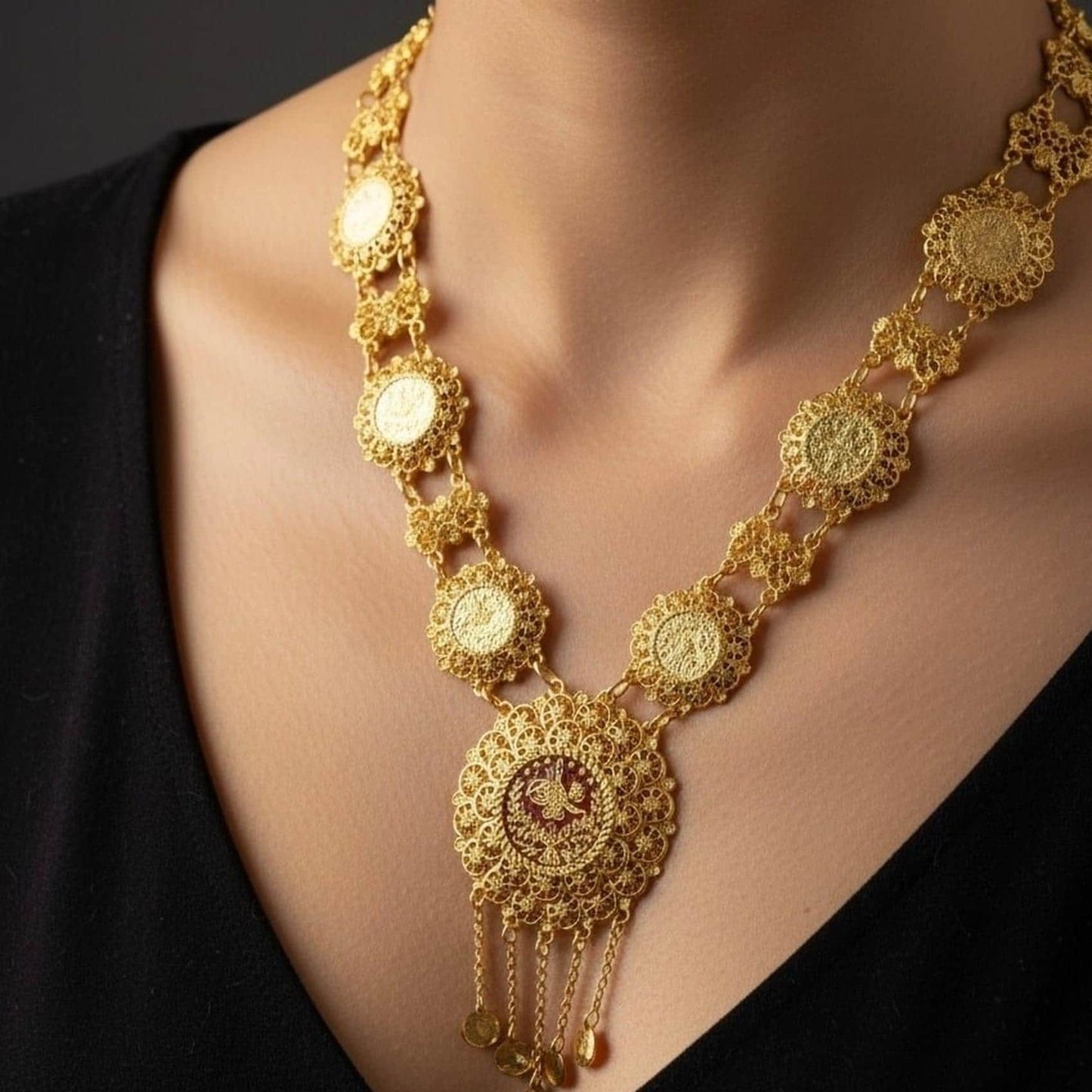 Luxury Gold Plated Ottoman Coin Statement Necklace