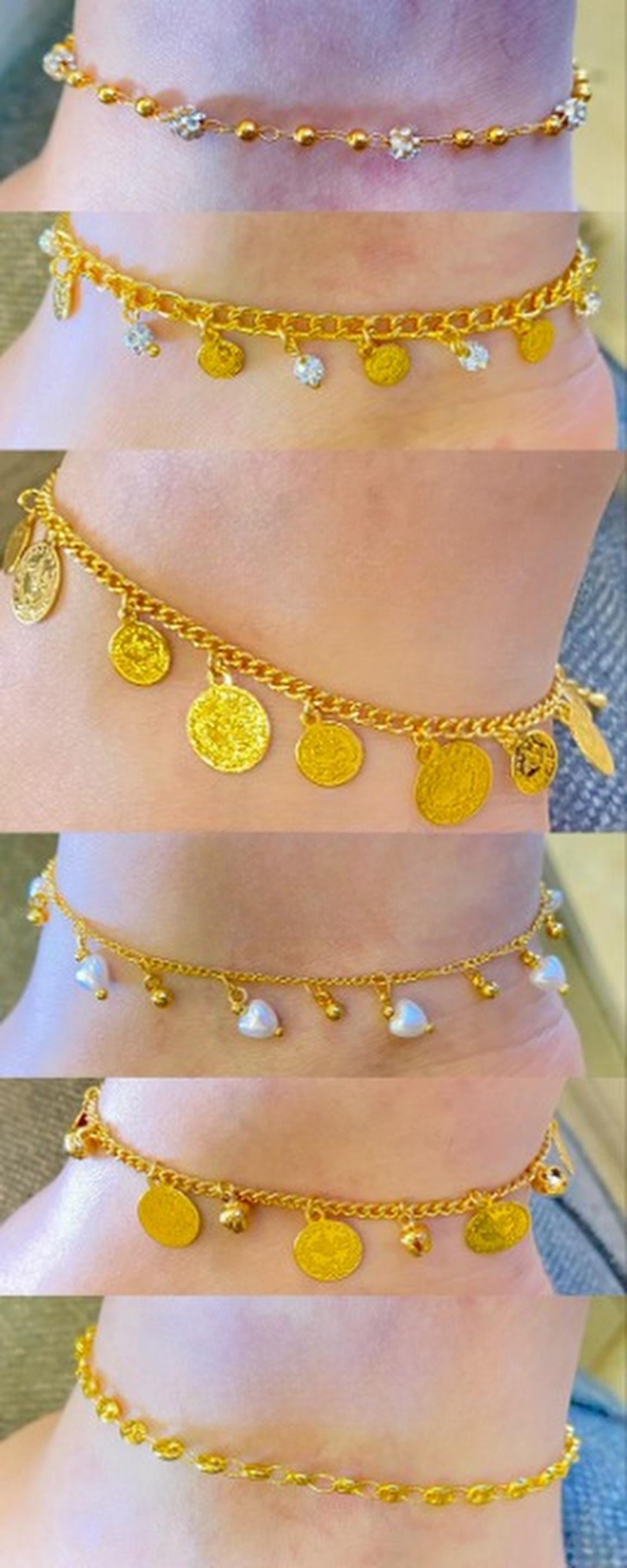 Gold-Plated Anklet Set – Adjustable Coin, Pearl & Crystal Charms Foot Jewelry