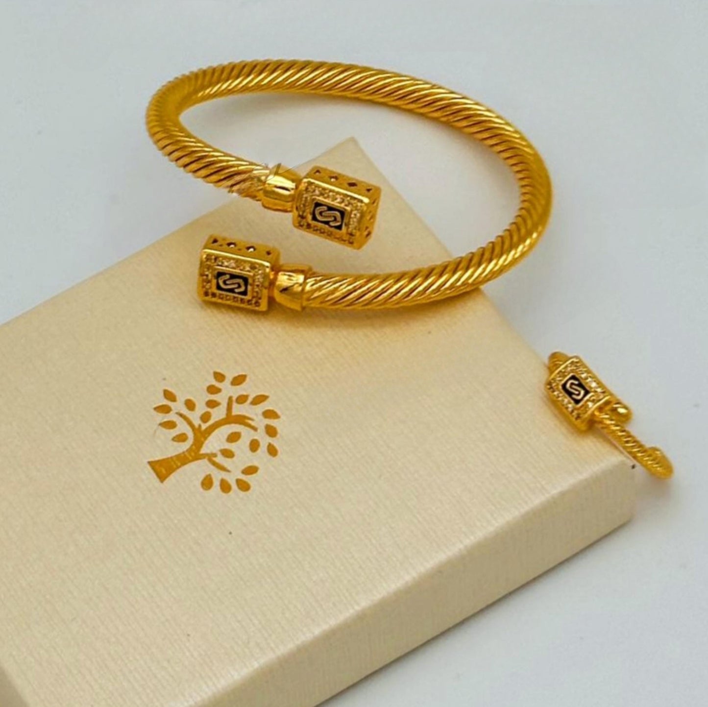Gold-Plated Twisted Cable Cuff Bracelet & Adjustable Ring Set – Pave Stone Jewelry