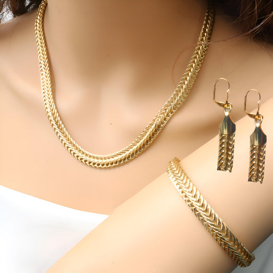 Luxury Gold-Plated Flat Chain Jewelry Set | Necklace  Bracelet  Earrings  Elegant Design