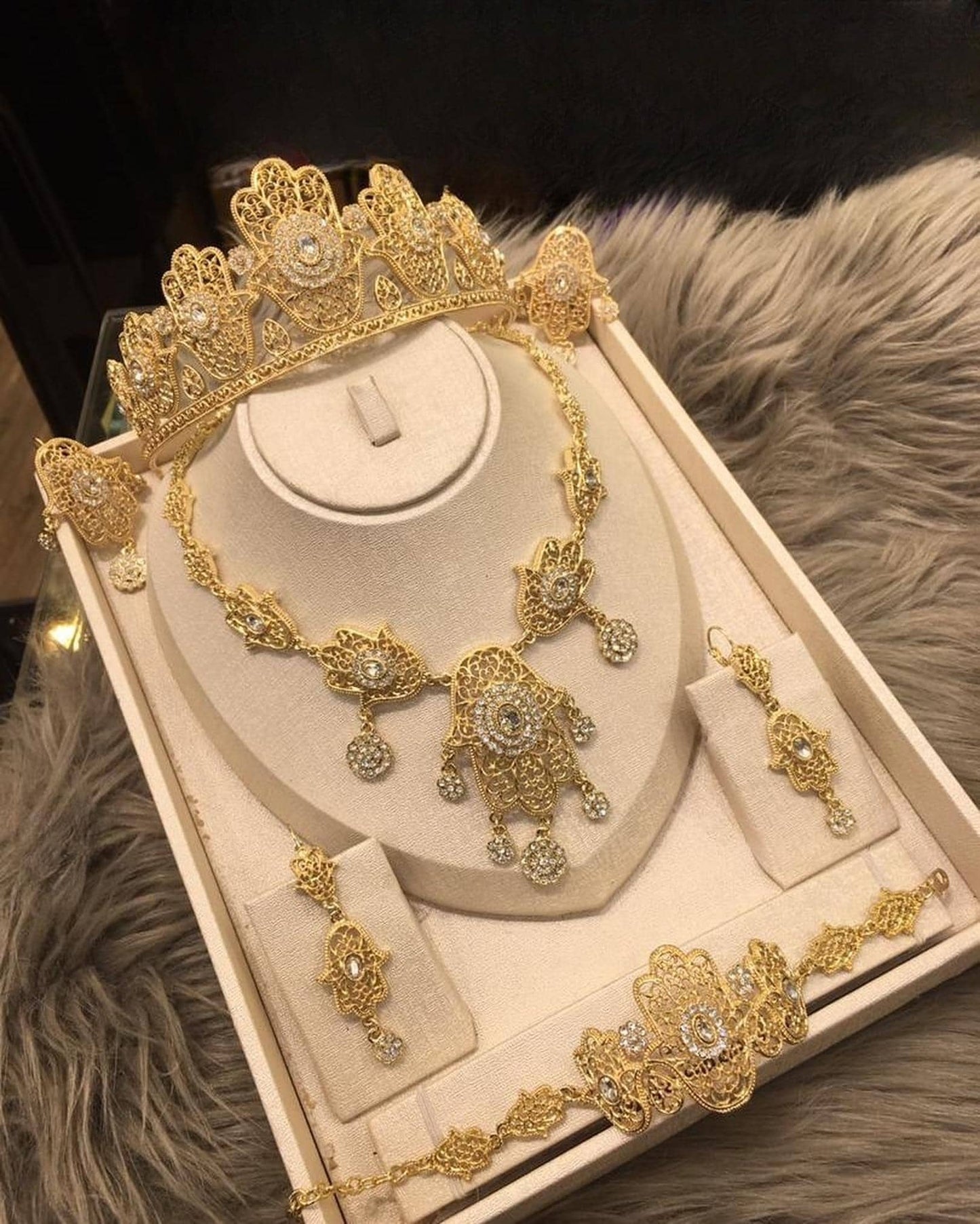 Gold Plated Bridal Crown Jewelry Set Hamsa Wedding Tiara
