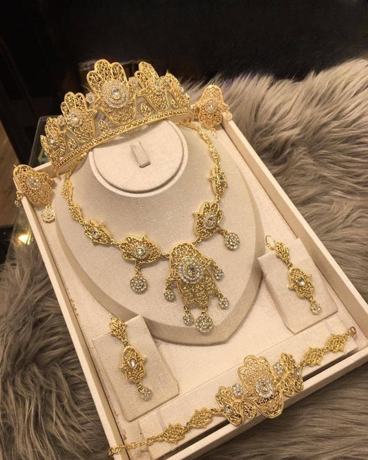 Gold Plated Bridal Crown Jewelry Set Hamsa Wedding Tiara