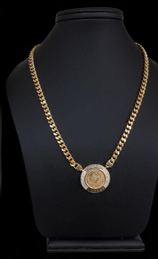 Luxury Gold Plated Coin Jewelry Set • Crystal Medallion Necklace & Earrings • 4Pcs