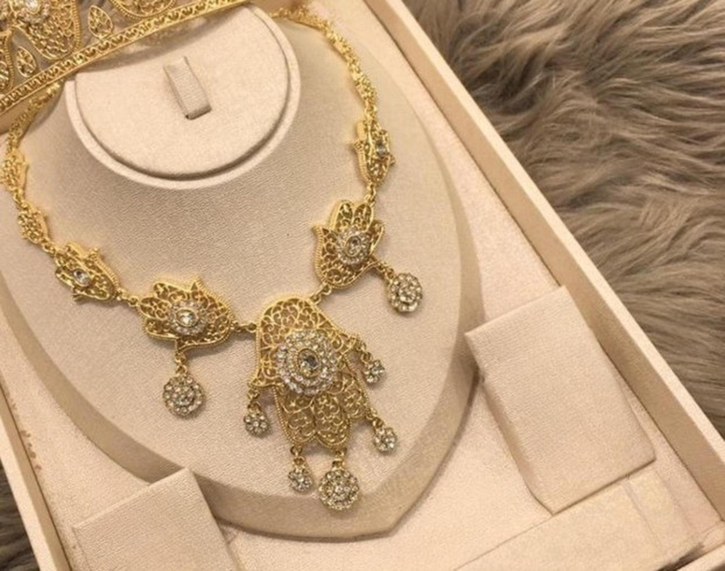 Gold Plated Bridal Crown Jewelry Set Hamsa Wedding Tiara