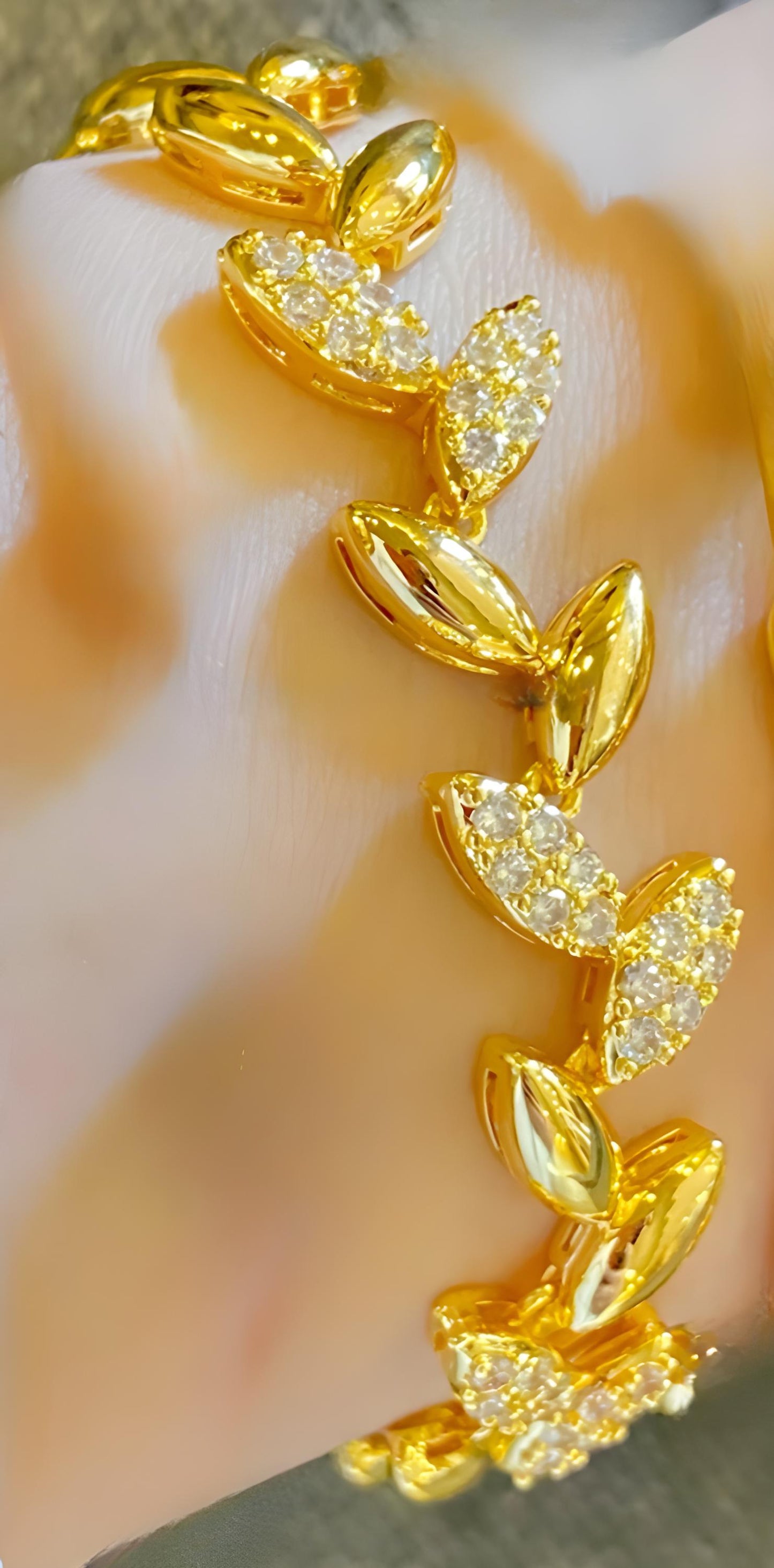 Gold Plated Bracelet Set: Crystal Bangle, Leaf Bracelet, Link Chain