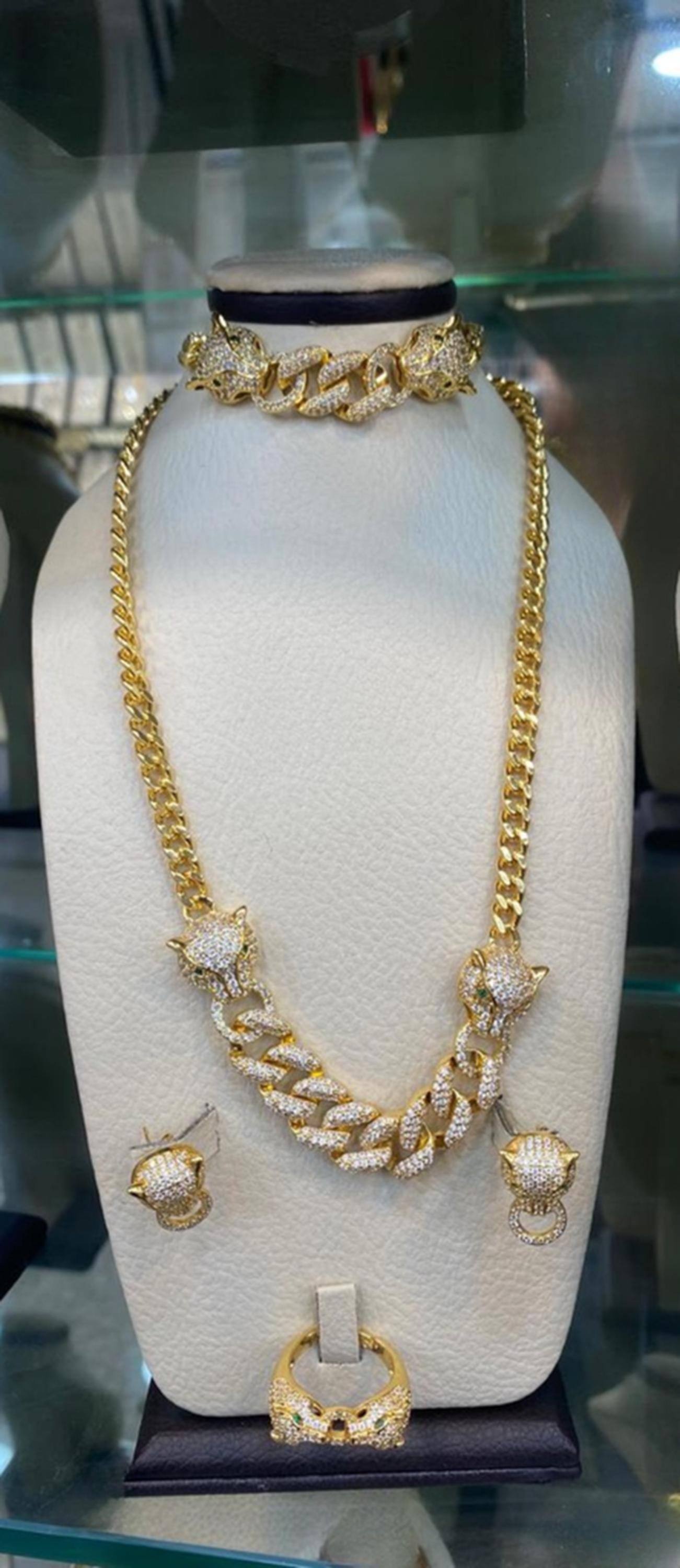 Gold Plated Panther Cuban Chain Jewelry Set Luxury Necklace Choker Earrings Ring