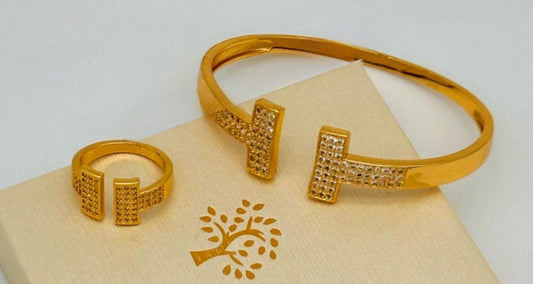 Gold-Plated Open Cuff Bracelet & Adjustable Ring Set – Pave Stone Jewelry for Women