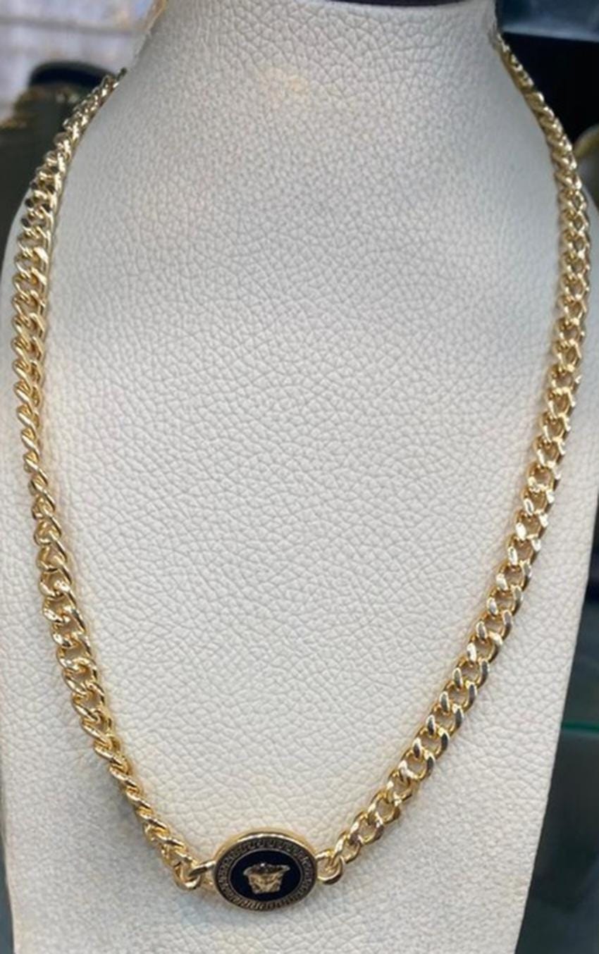 Gold Plated Cuban Chain Jewelry Set Greek Medallion Necklace Choker Earrings