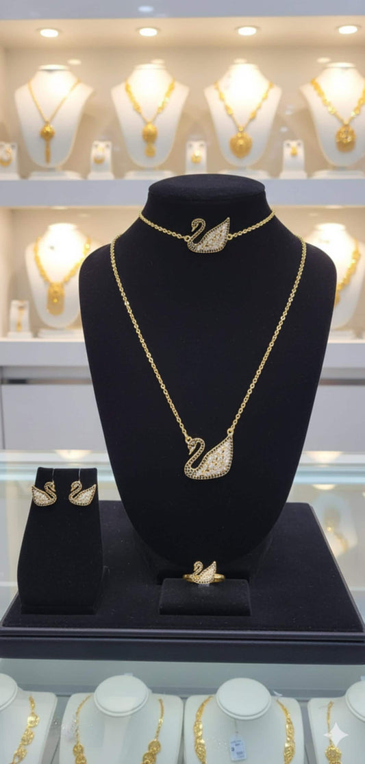 Gold Plated Swan Jewelry Set Crystal Necklace Earrings Ring Elegant Gift