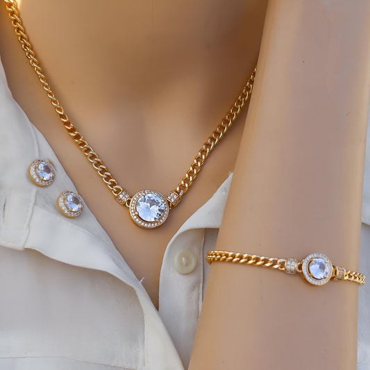Elegant Gold-Plated Jewelry Set with Sparkling Crystal Accents | Bridal Necklace, Bracelet & Earrings
