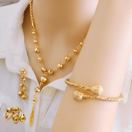 Gold-Plated Arabic Jewelry Set – Beaded Necklace, Adjustable Cuff Bracelet & Statement Ring
