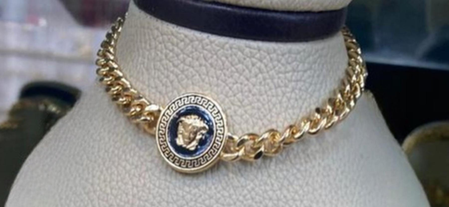 Gold Plated Cuban Chain Jewelry Set Greek Medallion Necklace Choker Earrings