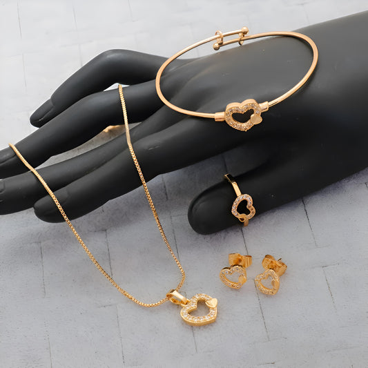 Gold-Plated Heart Jewelry Set – Necklace, Bracelet, Earrings & Ring