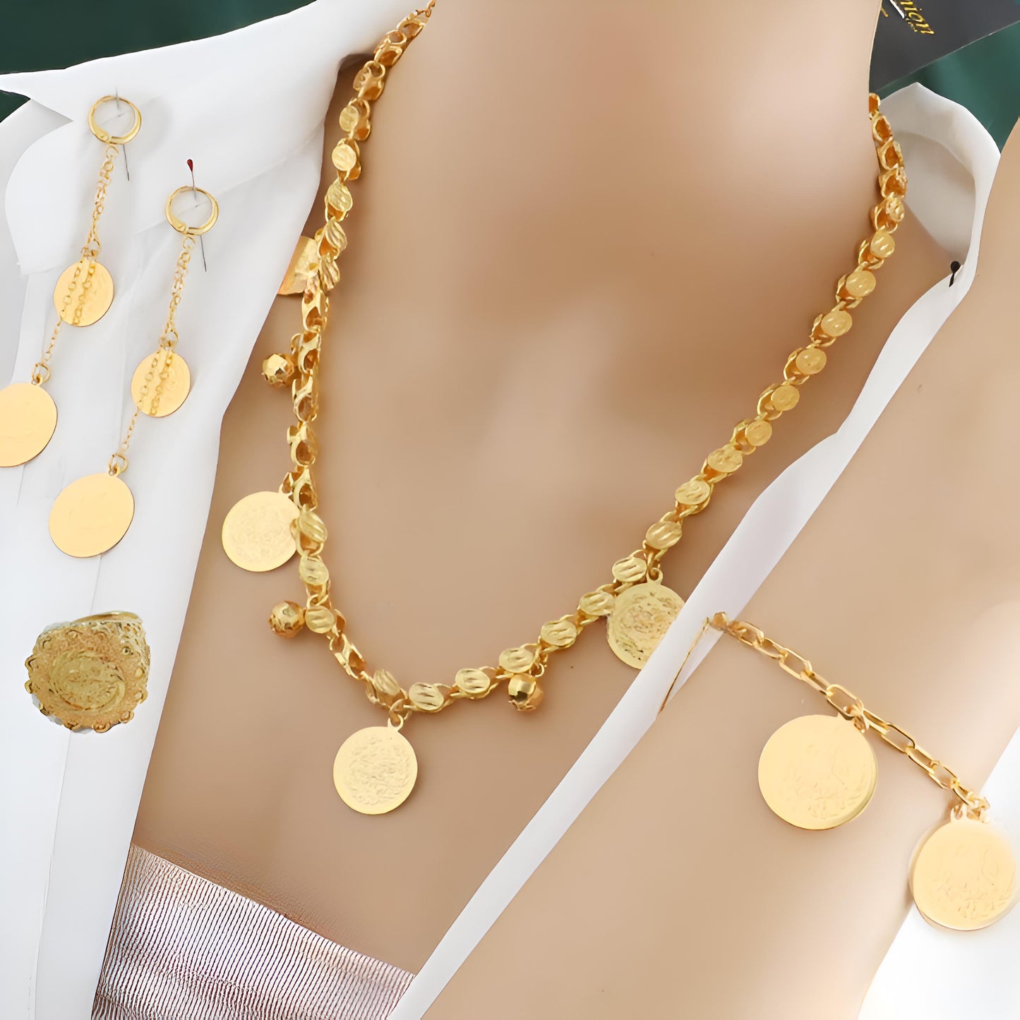 Ottoman Gold-Plated Coin Jewelry Set | Bridal Necklace, Earrings, Ring & Bracelet | Arabic Wedding Accessories