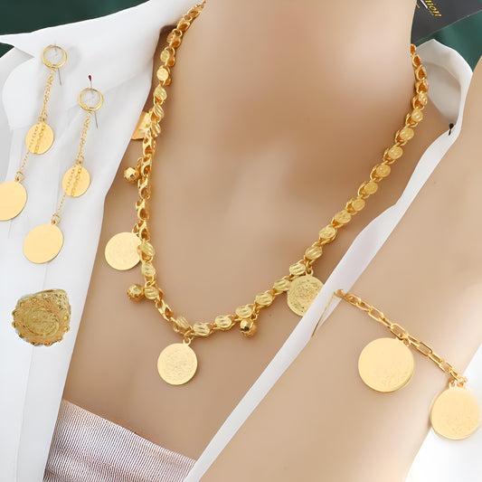 Ottoman Gold-Plated Coin Jewelry Set | Bridal Necklace, Earrings, Ring & Bracelet | Arabic Wedding Accessories