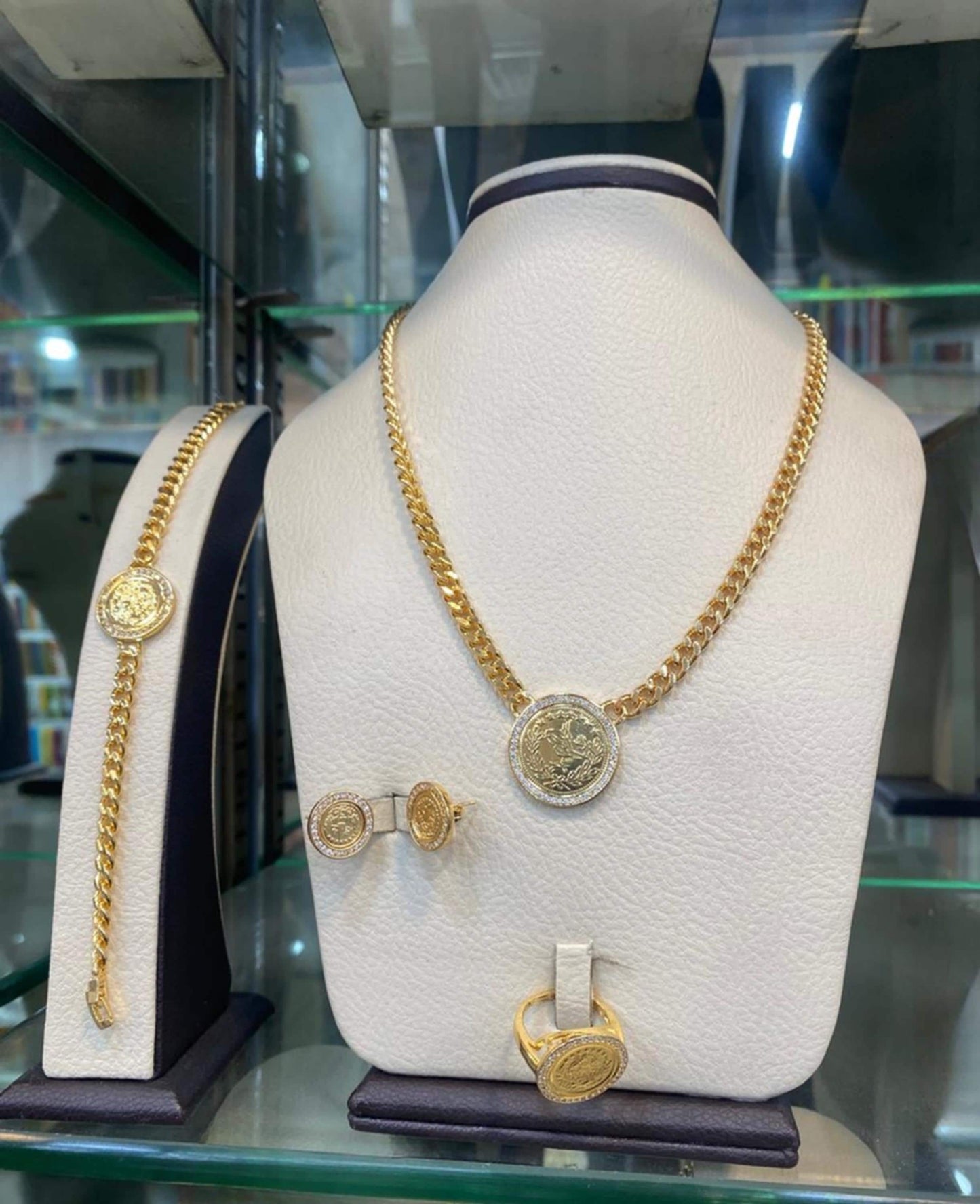 Gold Plated Coin Pendant Jewelry Set Cuban Chain Necklace Bracelet Earrings Ring