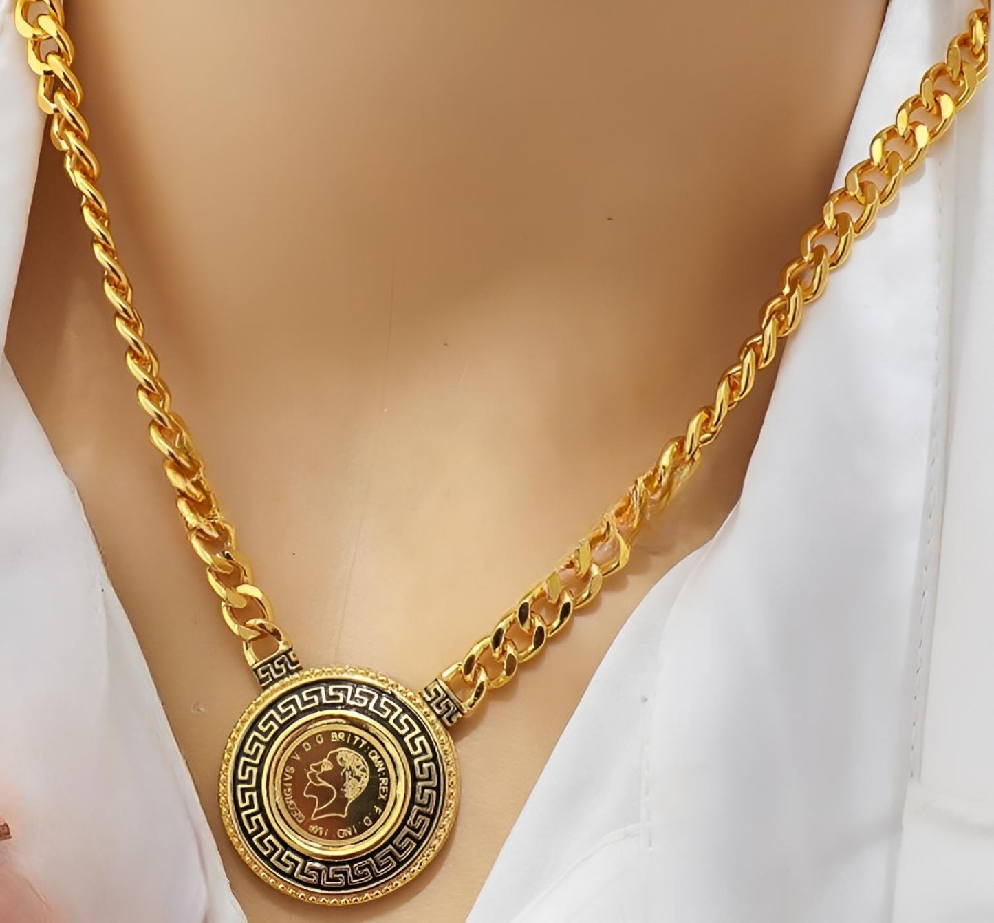 Gold-Plated Greek Coin Jewelry Set – Queen Cameo Necklace, Bracelet & Earrings