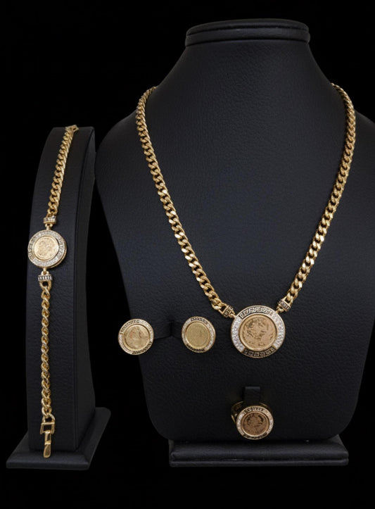 Luxury Gold Plated Coin Jewelry Set • Crystal Medallion Necklace & Earrings • 4Pcs