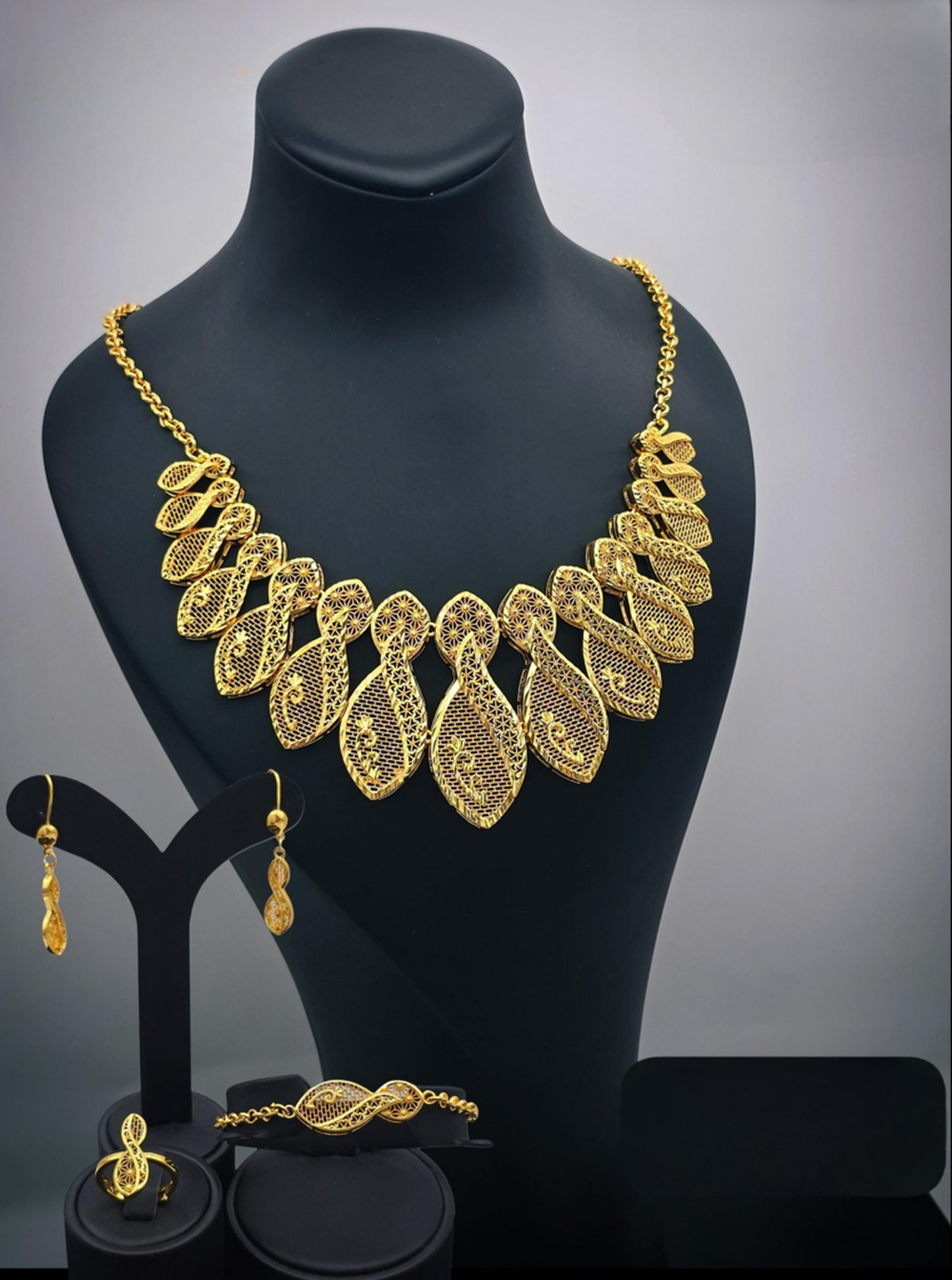 Gold Plated Filigree Jewelry Set Leaf Necklace Bracelet Earrings Ring