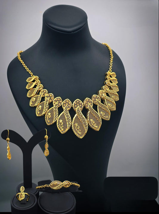 Gold Plated Filigree Jewelry Set Leaf Necklace Bracelet Earrings Ring