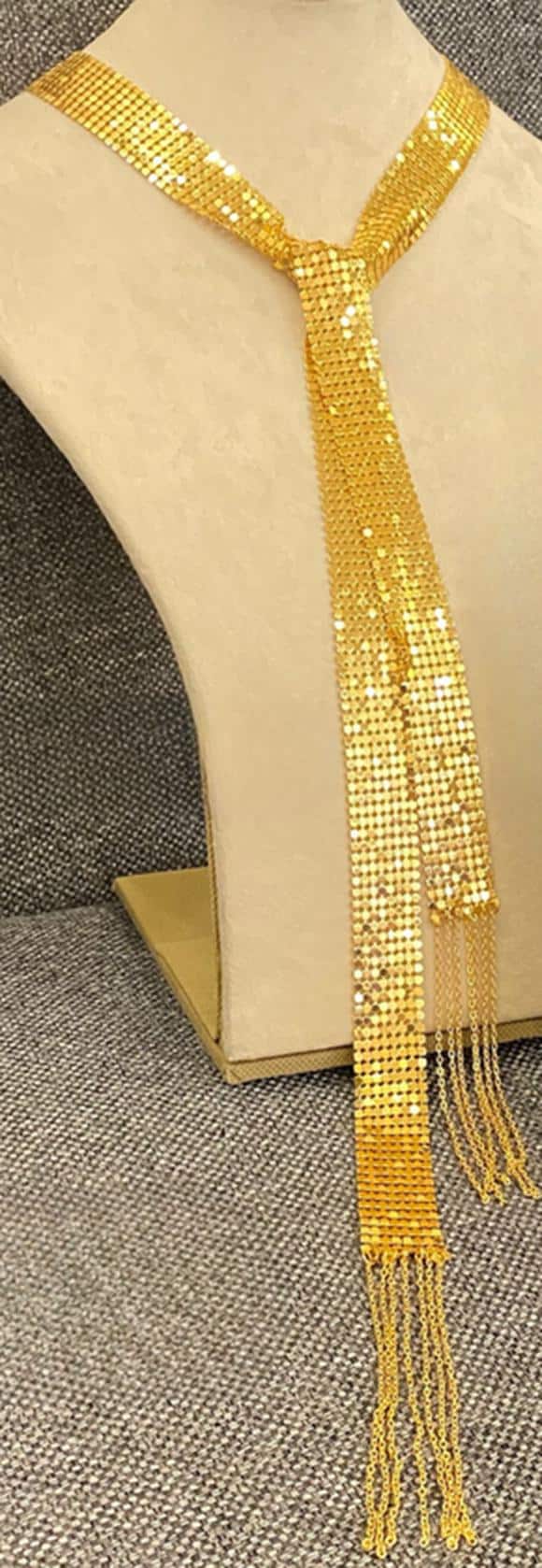Gold Plated Tie Necklace Bracelet Set: Elegant Tassel Jewelry