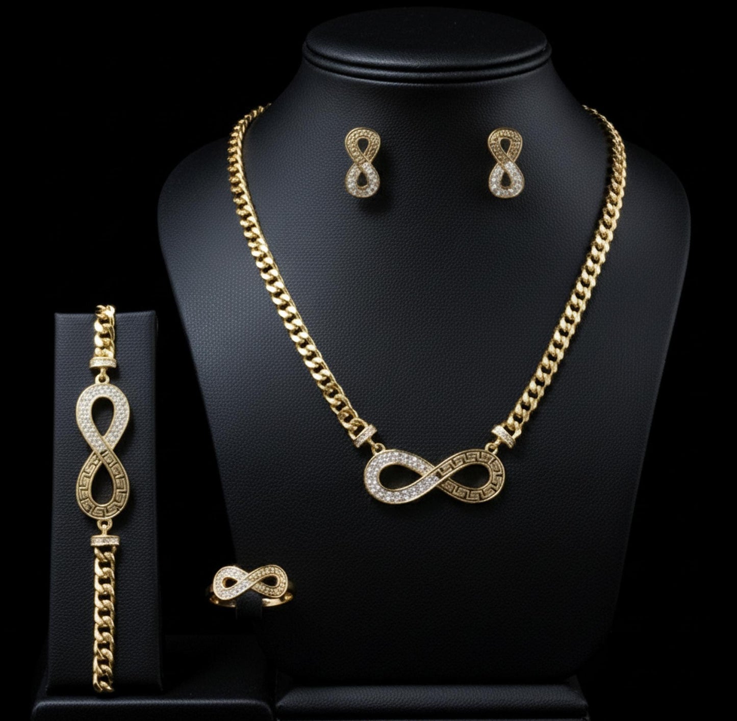 Elegant Gold Plated Infinity Jewelry Set • Crystal Greek Key Design • 4Pcs