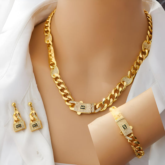 Gold-Plated Cuban Jewelry Set – 21K Style Necklace, Bracelet & Earrings