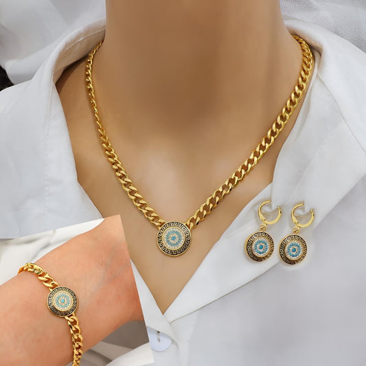 Gold-Plated Blue Eye Jewelry Set – Necklace, Bracelet & Earrings