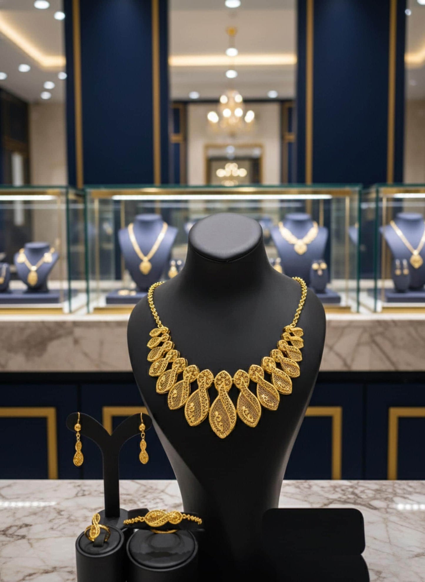 Gold Plated Filigree Jewelry Set Leaf Necklace Bracelet Earrings Ring