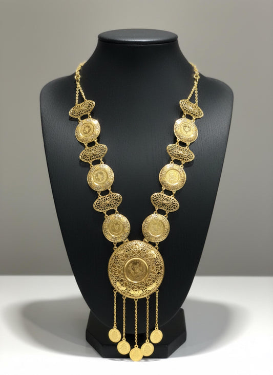 Gold Plated Ottoman Coin Statement Necklace Vintage Filigree Jewelry