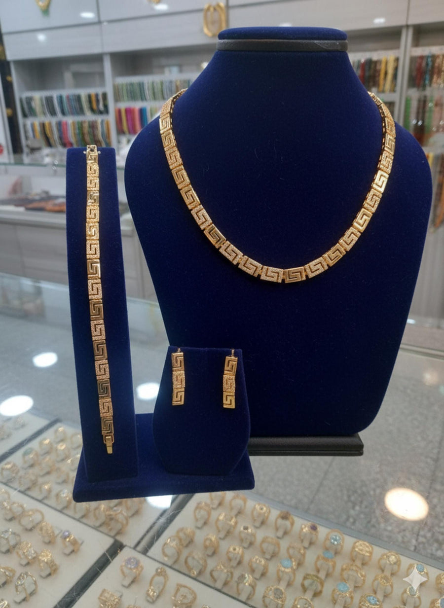 Luxurious Gold Plated Greek Key Jewelry Set • Elegant Meander Design