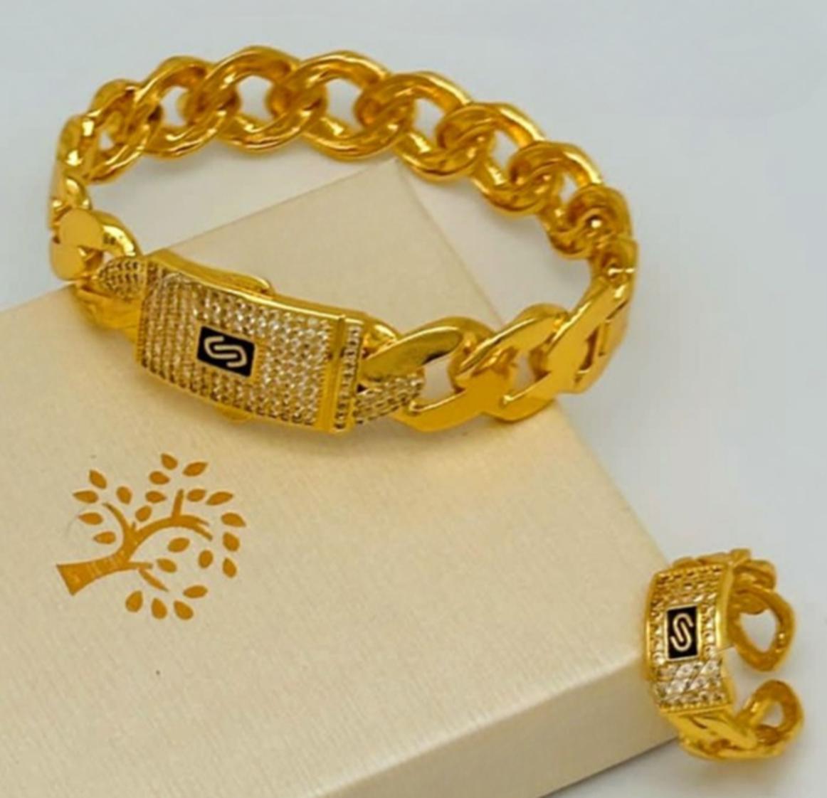 Gold-Plated Cuban Link Monaco Bracelet & Adjustable Ring Set – Sparkling Pave Stone Jewelry