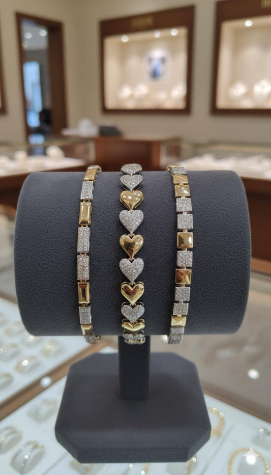 Elegant Two-Tone Heart & Geometric Link Bracelet Set • Shimmering Crystal Stacking