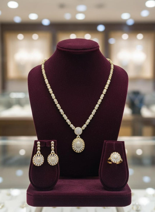 Gold Plated Sunburst Jewelry Set Luxury Necklace Earrings Ring Elegant