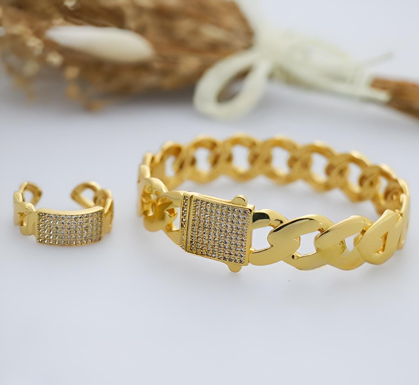 Gold-Plated Cuban Link Bracelet & Ring Set – Iced Out Hip Hop Jewelry