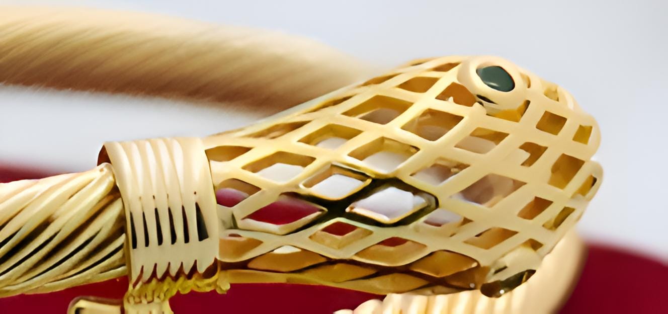 Gold-Plated Snake Bangle – Serpent Cuff Bracelet with Gemstone Eyes