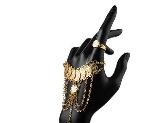 Gold Plated Hand Chain Bracelet Ottoman Coin Slave Bracelet Boho Jewelry