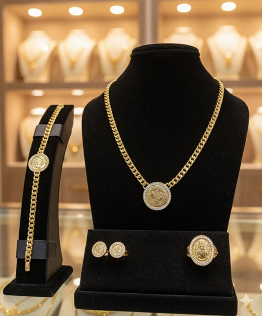 Gold Plated Coin Pendant Jewelry Set Cuban Chain Necklace Bracelet Earrings Ring