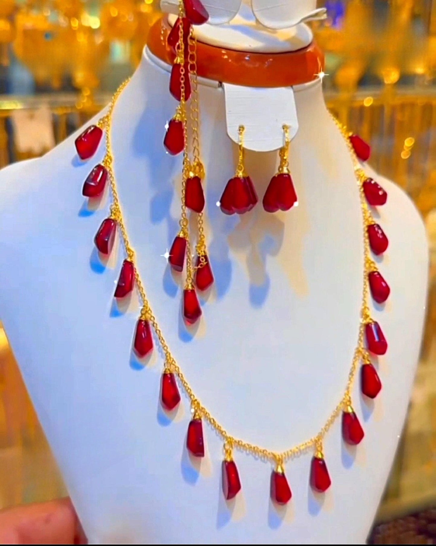 Gold Plated Red Teardrop Jewelry Set Statement