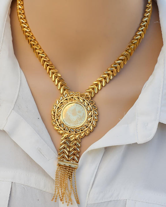 Gold-Plated Arabic Statement Necklace  | Vintage Medallion Jewelry | Bridal Eid Gift | Floral Tassel Chain