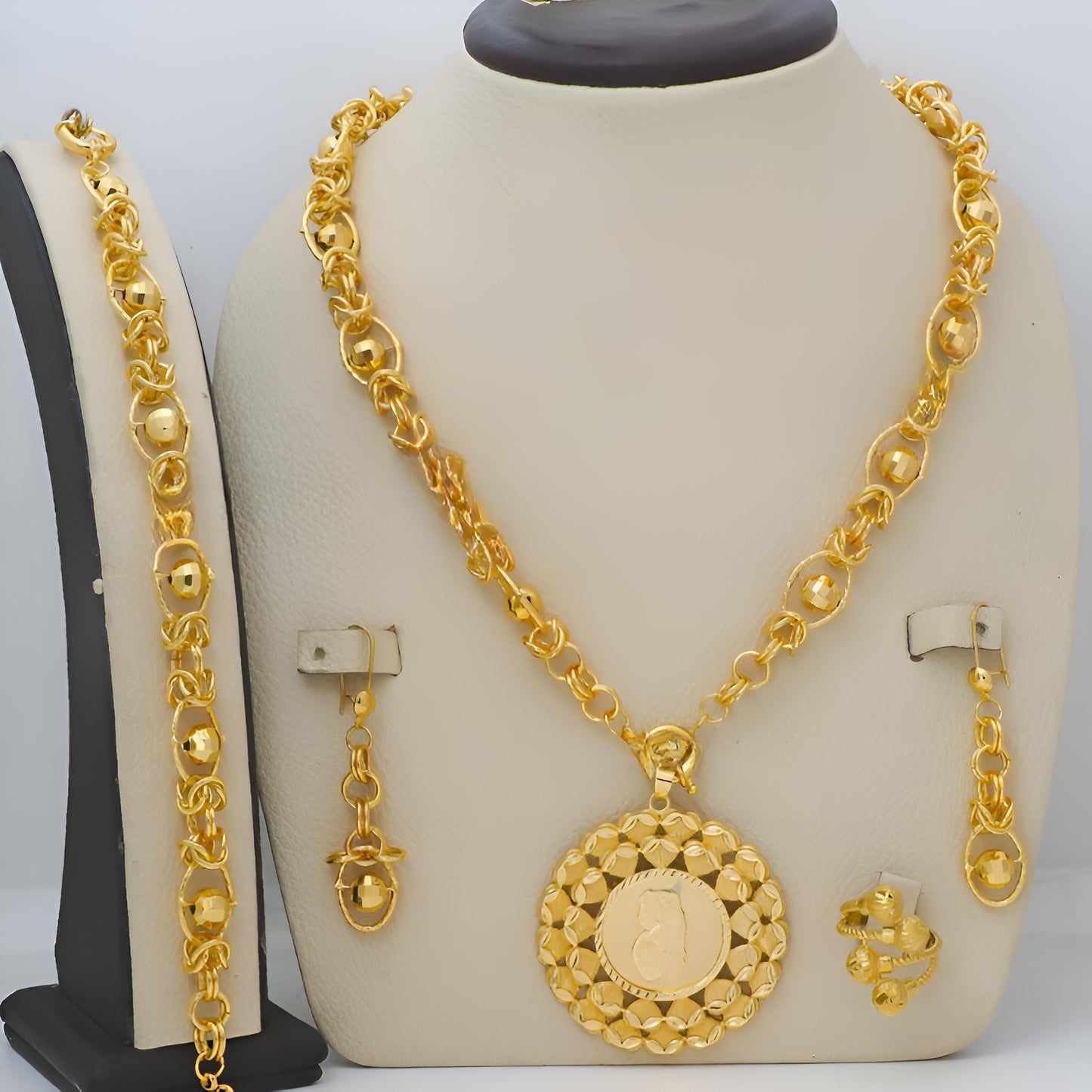 Gold-Plated Ottoman Medallion Bridal Jewelry Set – Necklace, Bracelet, Earrings & Ring